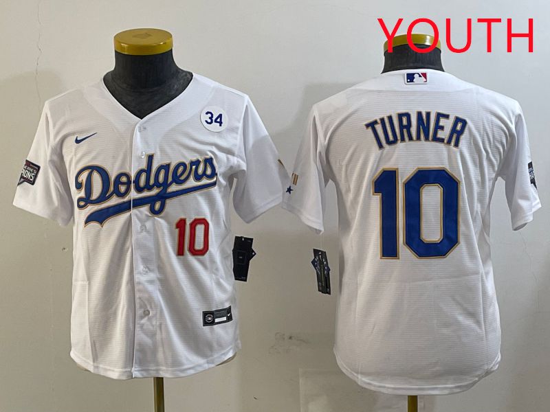 Youth Los Angeles Dodgers 10 Turner White Gold Game 2025 Nike MLB Jersey style 3